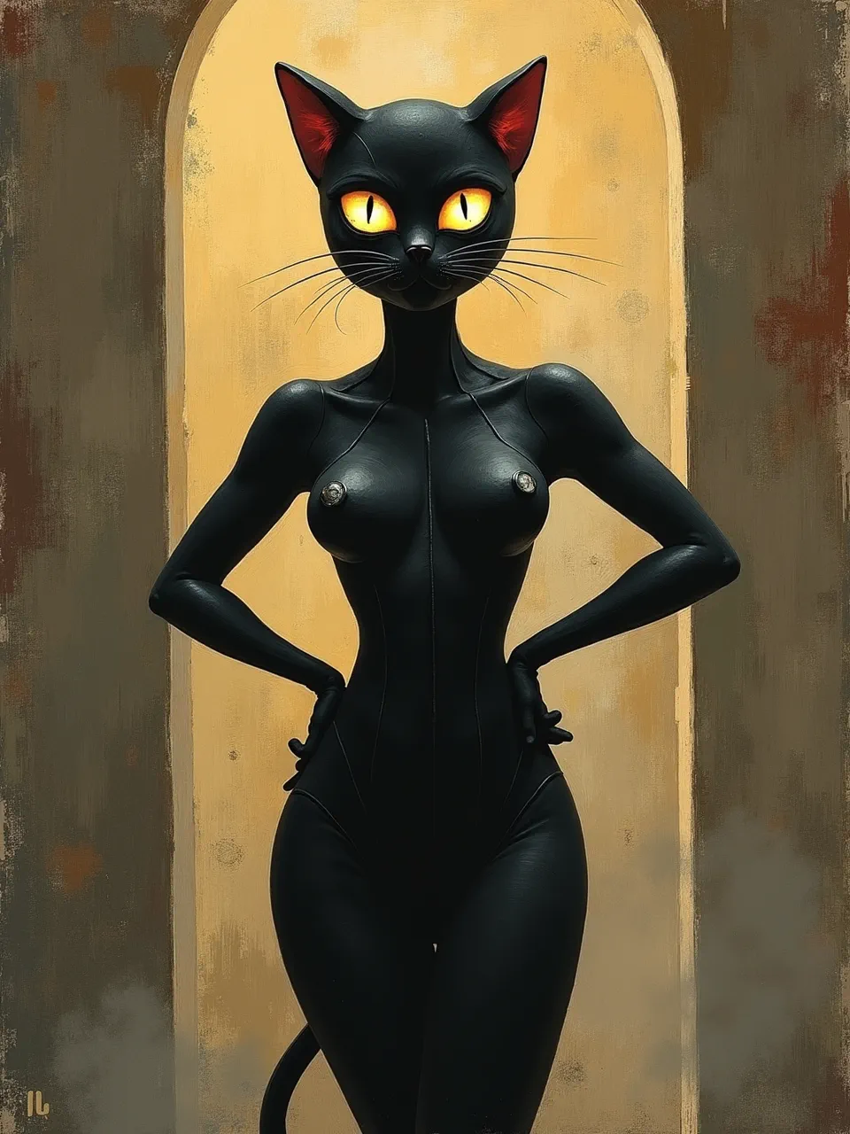 Mordecai Ardon's Catwoman gleams, showcasing dramatic lighting and sleek, dark textures. This vibrant oil painting features glowing eyes against a textured, expressive backdrop.