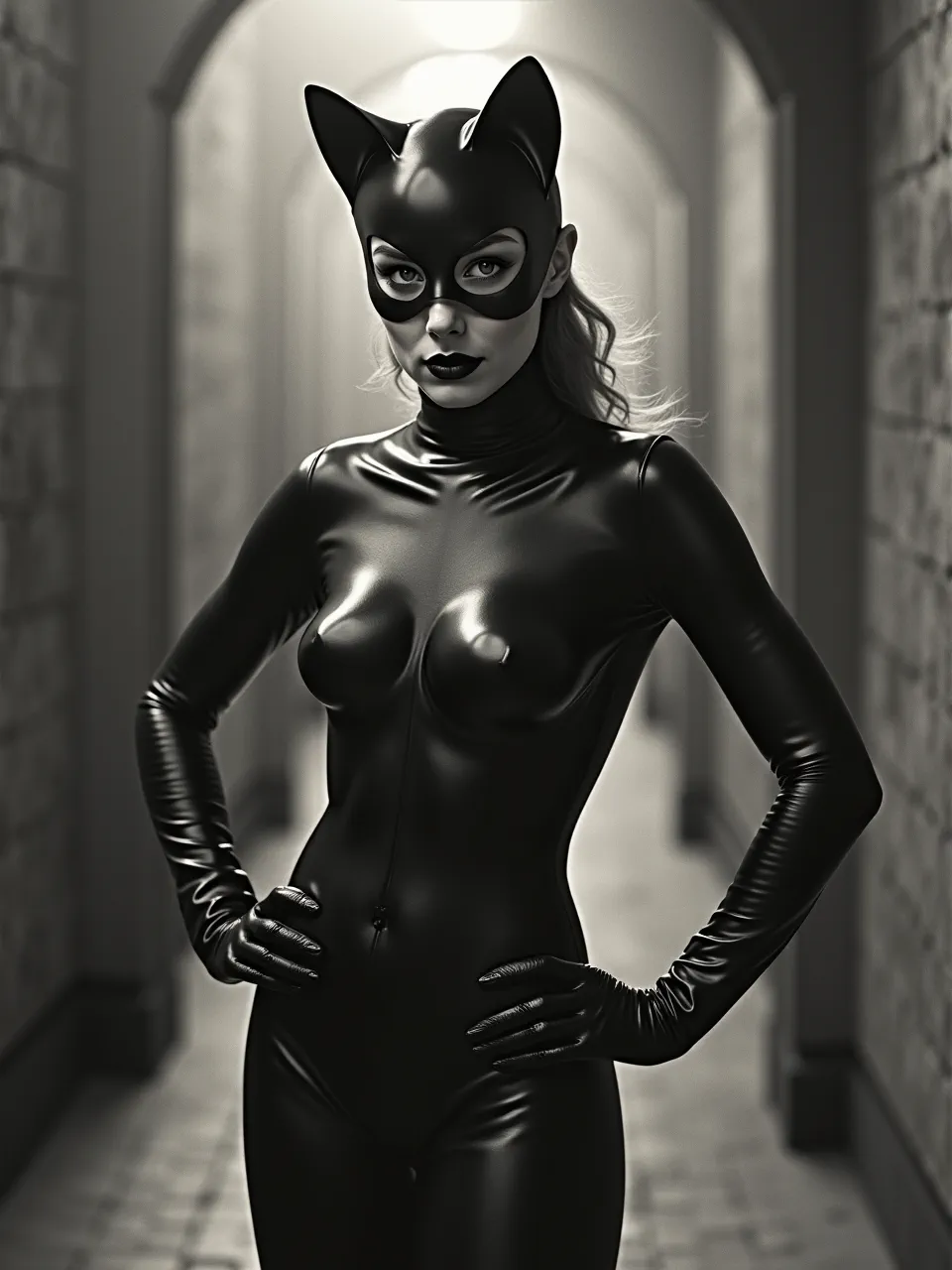 This Flux AI Catwoman, in Nan Goldin photographic style, utilizes dramatic lighting and rich black and white tones. Glossy latex textures define this captivating AI artwork.