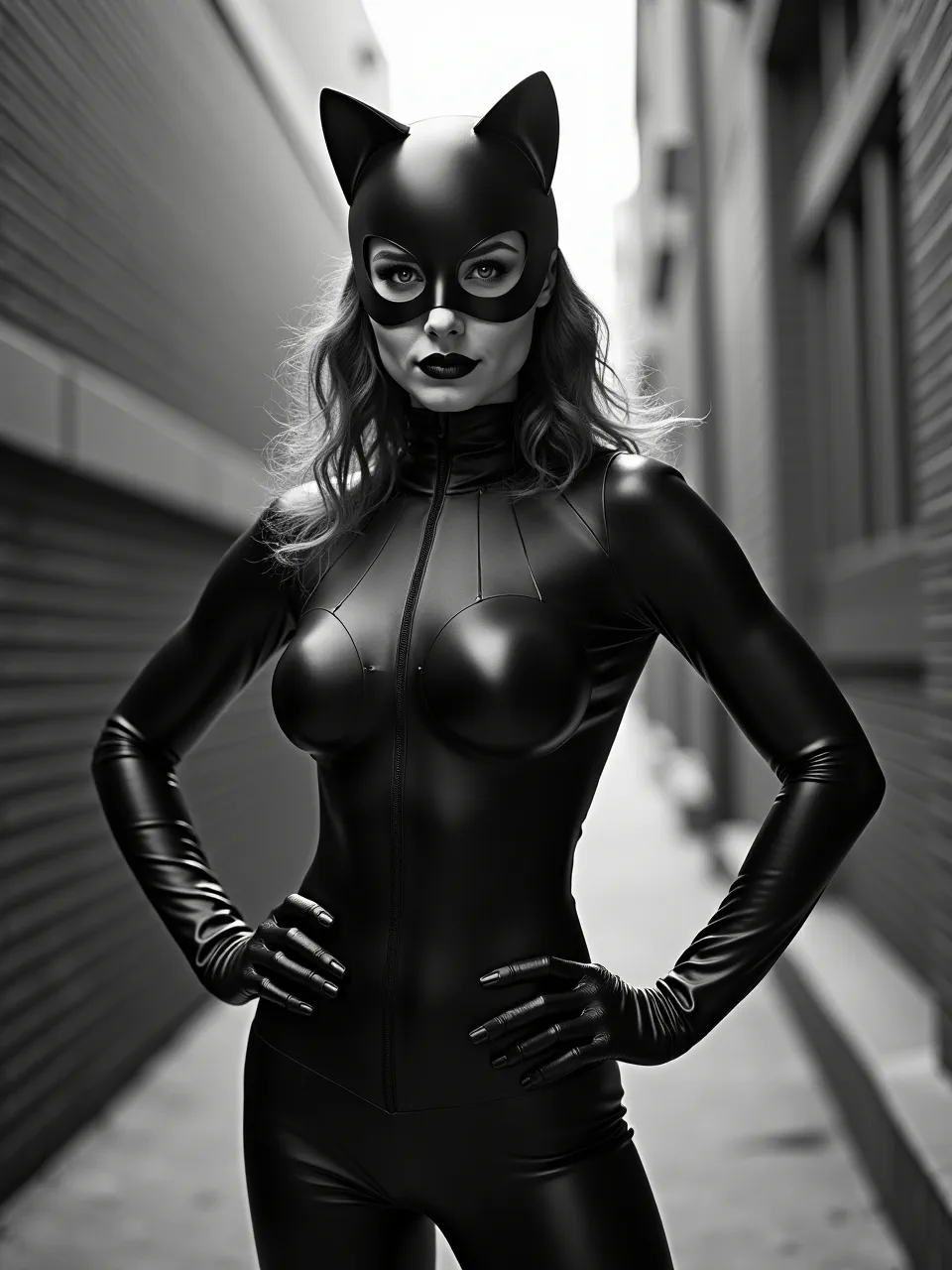 This Catwoman generation, capturing Nathan Wirth's photographic style, features striking black and white lighting illuminating slick leather textures. A dramatic, monochromatic digital art piece, highlighting her iconic intensity.