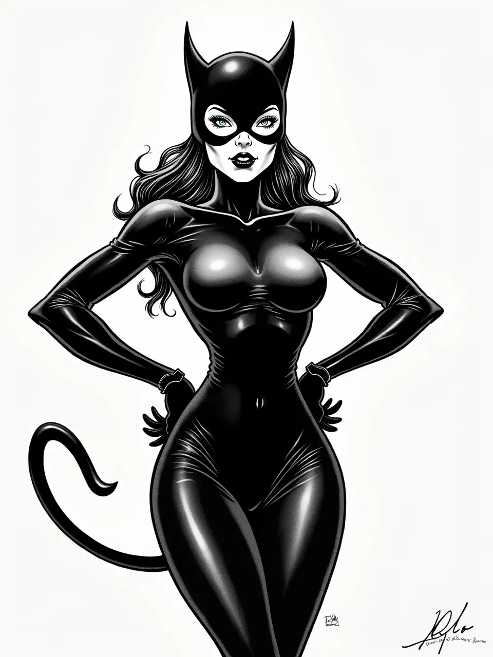 This stunning Catwoman art, in the classic Neal Adams style, features intense lighting sculpting glossy latex textures on her suit, rendered with precise digital inks, capturing iconic comic book dynamism.
