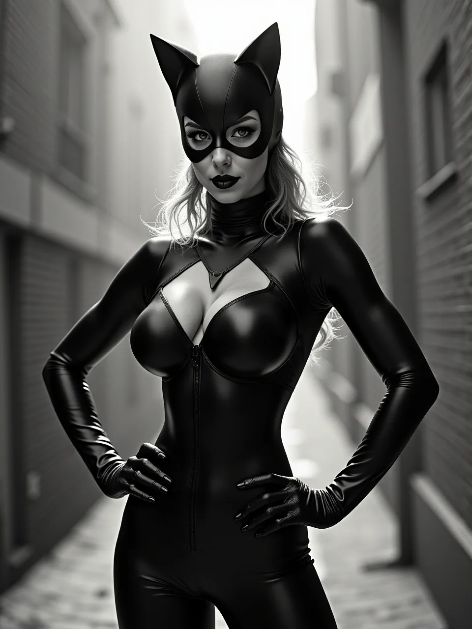 This Flux AI generated Catwoman image, rendered in Neil Blevins' style, features striking realistic lighting and sleek, reflective textures on her suit, epitomizing advanced digital character art.