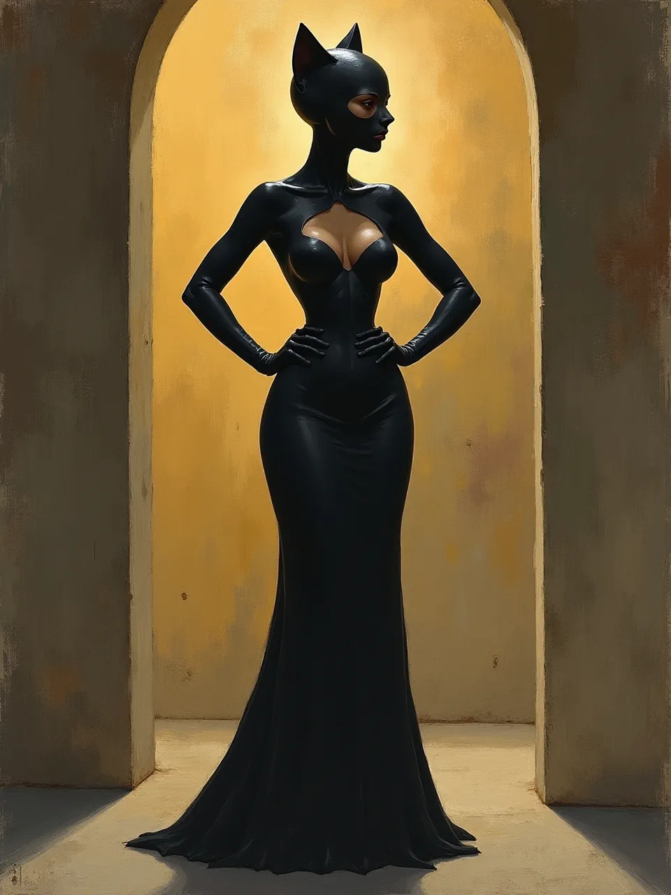 Nicholas Roerich's ethereal lighting and rich oil painting textures define this iconic Catwoman. Her sleek suit gleams amidst golden hues, capturing power and mystique artfully.