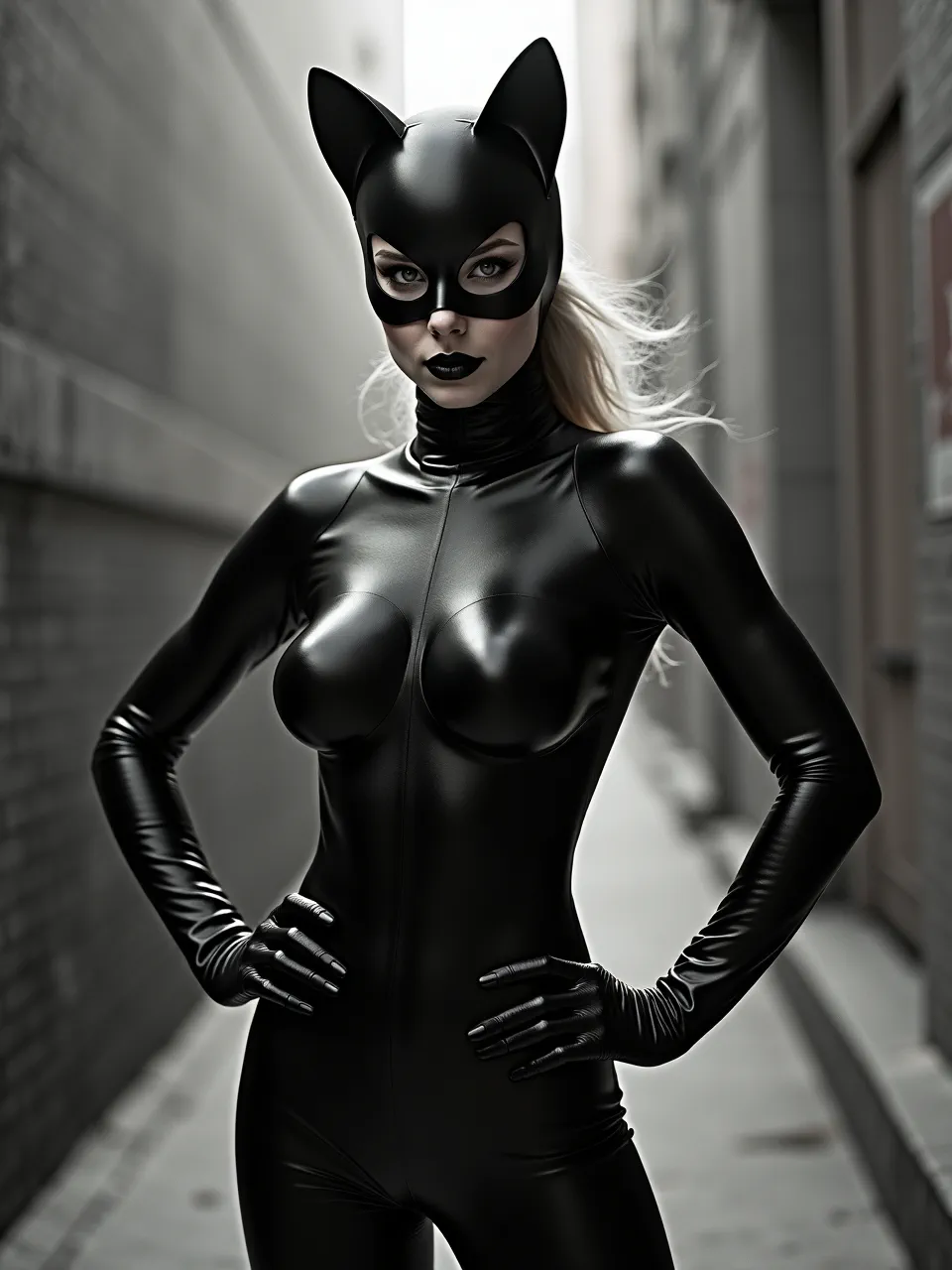 This Flux AI Catwoman render, channeling Nick Knight's style, features dramatic lighting highlighting glossy, sleek textures of the suit. It creates a high-contrast, edgy digital fashion photograph.