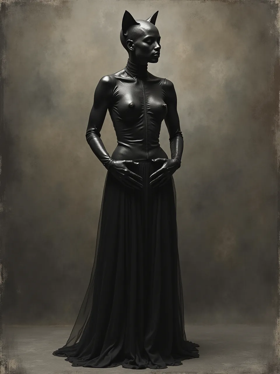 This striking AI-generated Catwoman embodies Nicola Samori's dark aesthetic, featuring dramatic chiaroscuro lighting highlighting haunting textures of glossy latex and flowing sheer fabric, creating a painterly masterpiece.