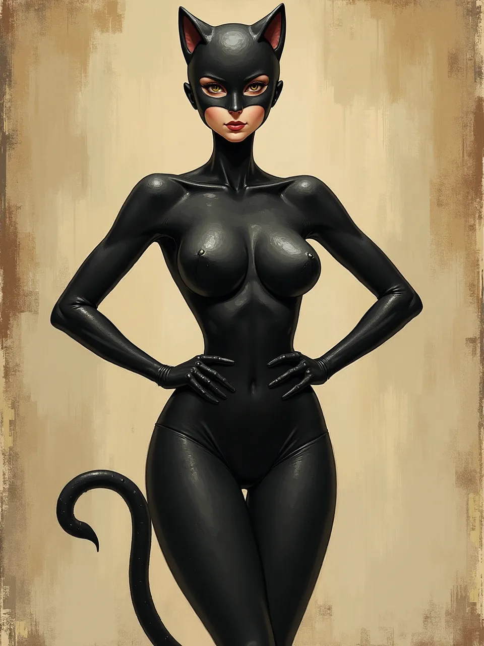 Flux AI's Catwoman, in Nicolas de Crecy's style, boasts dramatic lighting, lustrous suit textures, and bold digital painting. An SEO-rich, stylized graphic novel portrayal.
