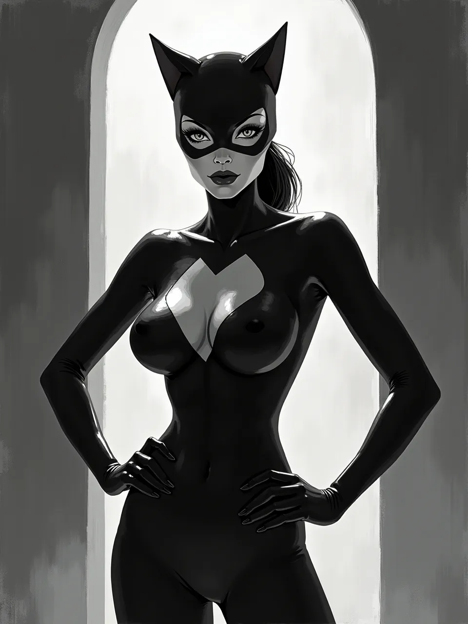 Experience Nicolas Delort's iconic style with this Catwoman, featuring dramatic chiaroscuro lighting and glossy latex textures in a striking black-and-white digital printmaking illustration.