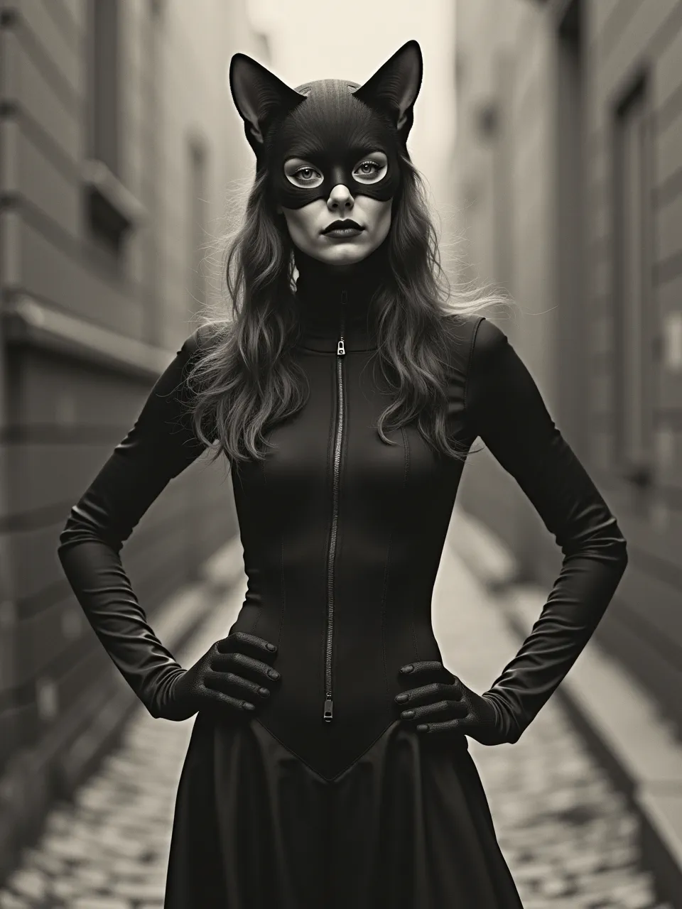 Nikolai Astrup's influence shapes this Catwoman AI art, with dramatic monochrome lighting and crisp, sleek textures. A powerful digital print, emphasizing refined details.