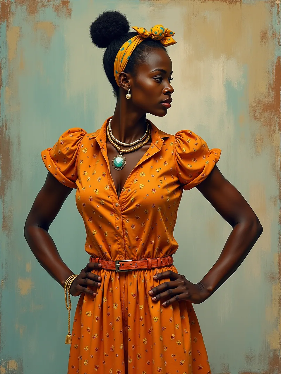 This AI-generated Catwoman, inspired by Njideka Akunyili Crosby, showcases exquisite lighting and layered mixed-media textures. A vibrant, painterly digital artwork, it captures unique artistic depth.