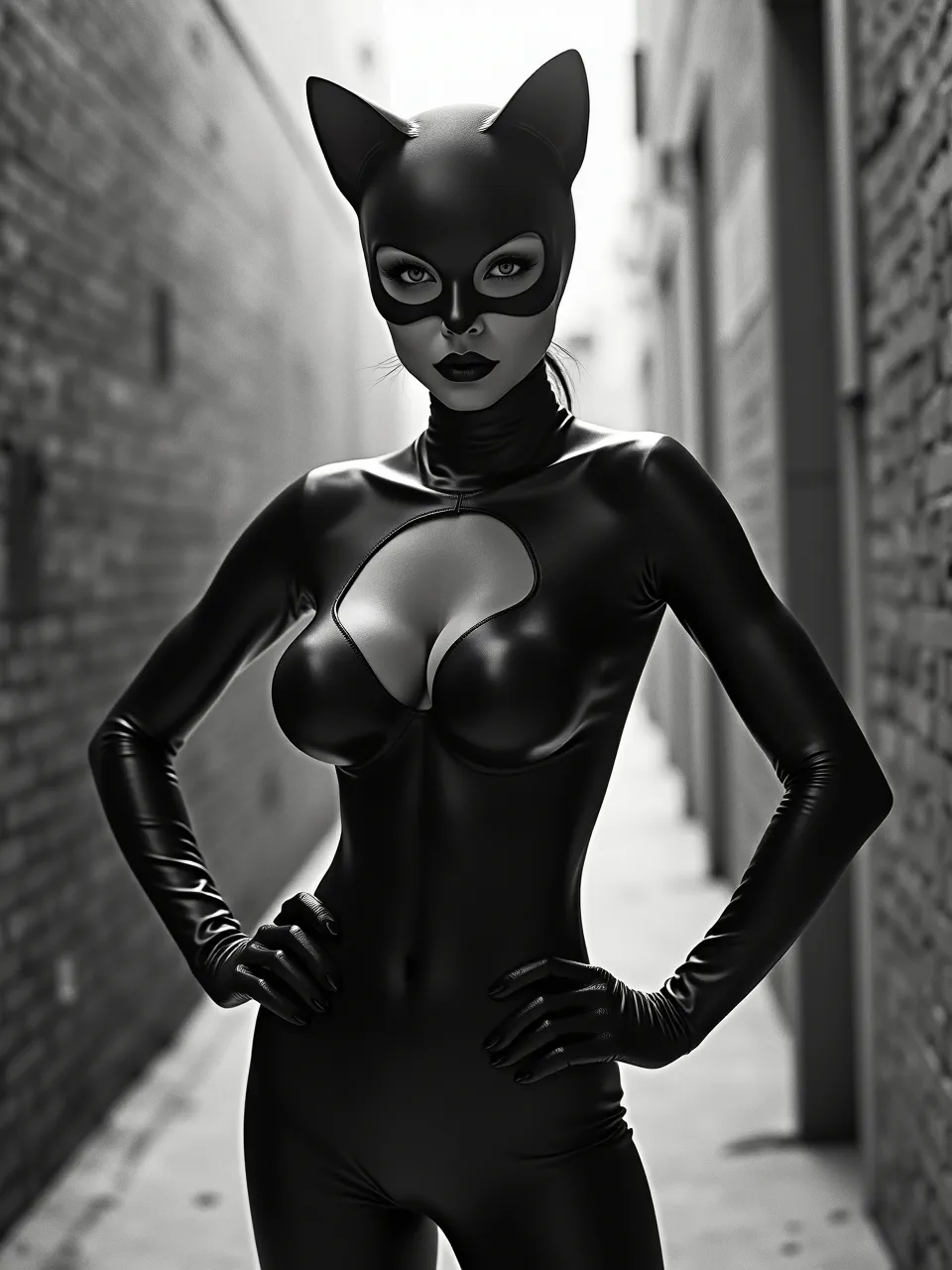 This striking Nobuyoshi Araki-inspired Catwoman generation, a high-contrast black and white photograph, features stark lighting emphasizing glossy suit textures against a gritty alley, making it an intense digital artwork.