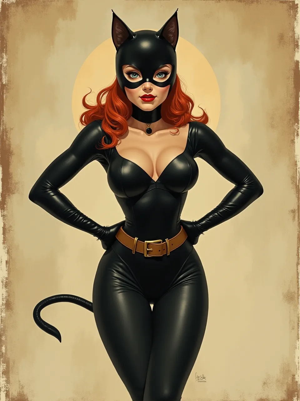 Norman Rockwell's influence shines in this Catwoman digital painting. Soft lighting illuminates her lustrous leather textures, a classic illustration capturing detailed comic book character.