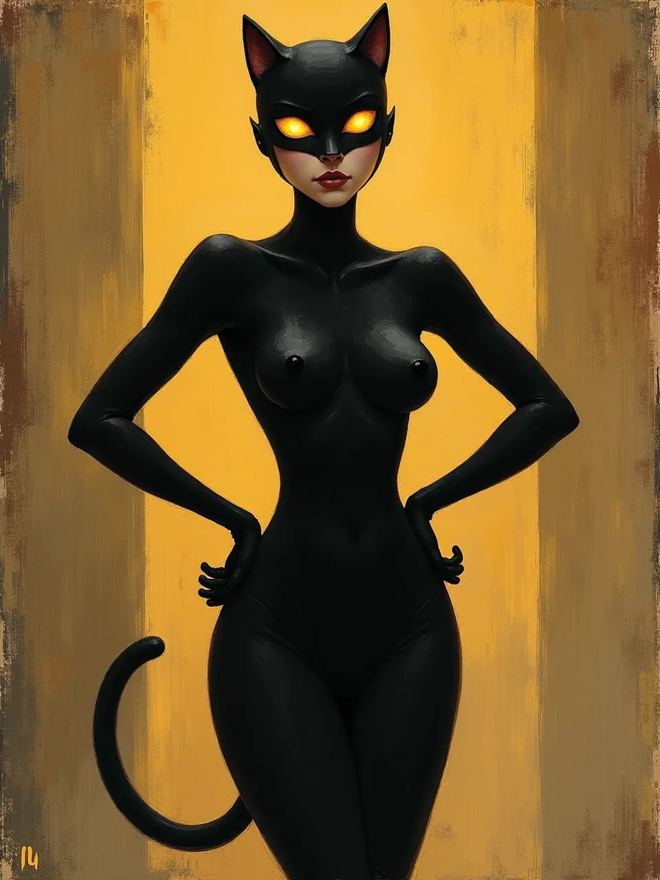 Evoking Odilon Redon's dreamlike style, this Catwoman digital painting showcases dramatic lighting, rich, velvety textures, and luminous eyes against a painterly, textured oil background.