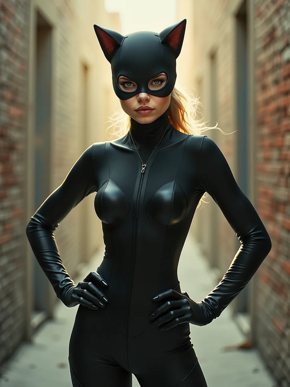 This Oliver Jeffers-inspired Catwoman, a striking Flux AI generation, features dramatic backlighting, glossy latex textures, and hyper-realistic digital artistic medium for captivating appeal.