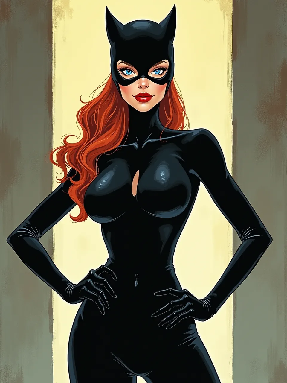 Olivier Bonhomme's stunning Catwoman artwork brilliantly uses dramatic lighting, sleek reflective latex textures, and vibrant digital illustration, embodying her fierce comic book style.