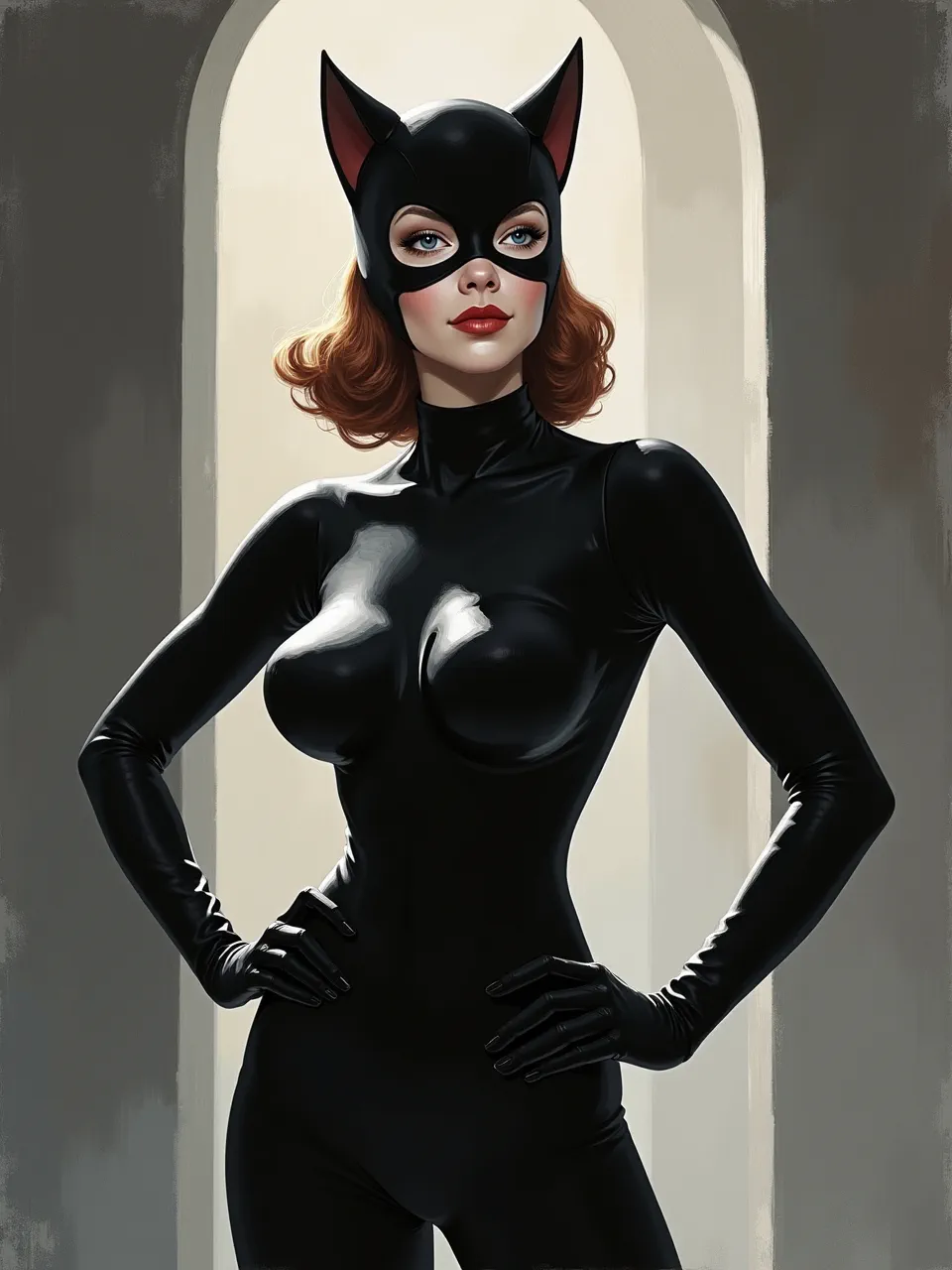 This Olly Moss-style Catwoman digital art features dramatic chiaroscuro lighting, emphasizing sleek, glossy catsuit textures. A minimalist poster medium capturing iconic graphic character power.