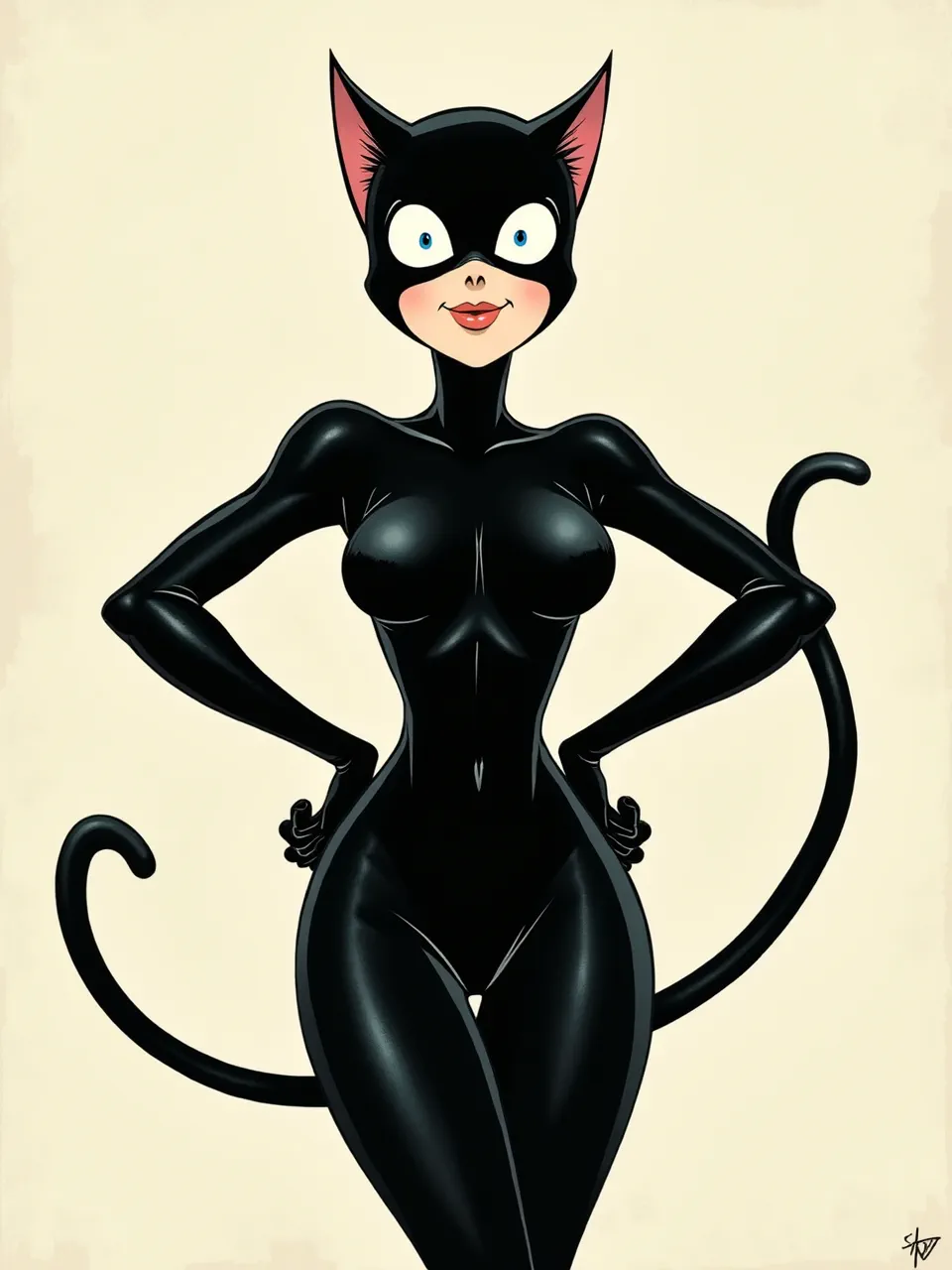 This Osamu Tezuka Catwoman digital illustration features masterful lighting, accentuating the sleek, reflective textures of her iconic black suit. Classic anime style.
