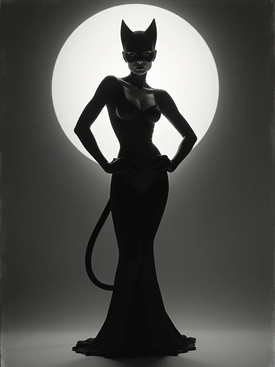 This striking image showcases Oskar Fischinger's graphic style illuminating Catwoman with stark, high-contrast lighting. Sleek, matte textures define her silhouette, evoking experimental black-and-white cinematic art.