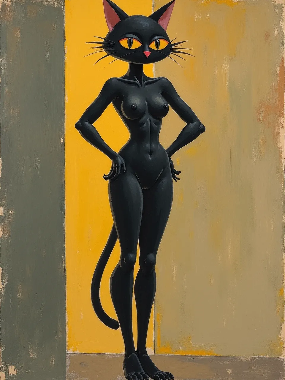 This vibrant Catwoman by Flux AI, in Oskar Kokoschka's Expressionist oil painting style, features bold lighting and rough canvas textures, a striking digital art composition.