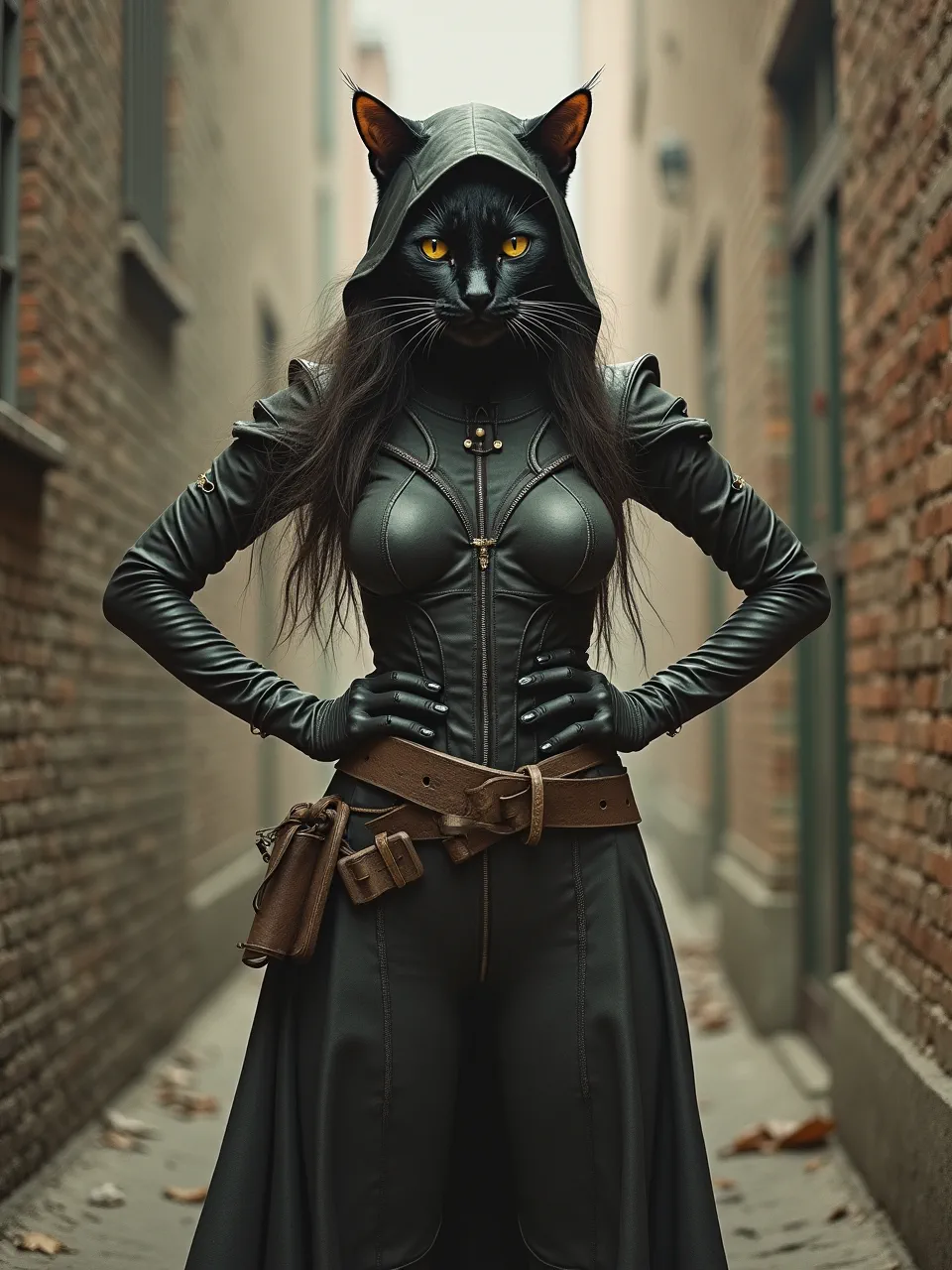 This Flux AI generation features Catwoman embodying Otto Marseus van Schrieck's dark aesthetic. Dramatic chiaroscuro lighting highlights hyper-realistic leather textures in this AI-generated digital painting, exuding gothic intensity.