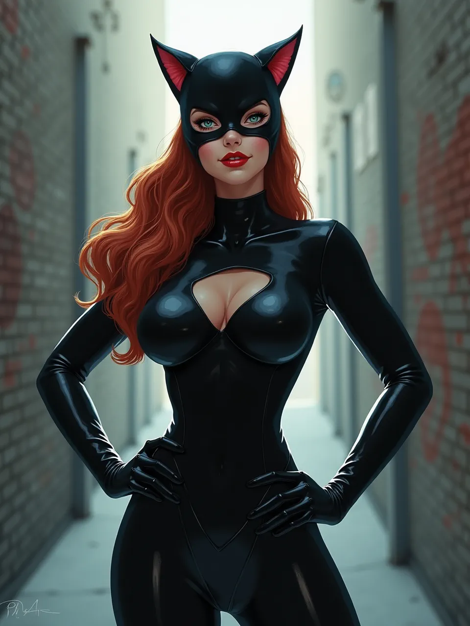 Experience P.A. Works Catwoman in this vibrant digital illustration. Expert lighting illuminates her sleek, glossy suit's textures, rendered with anime precision. Stunning artistry.