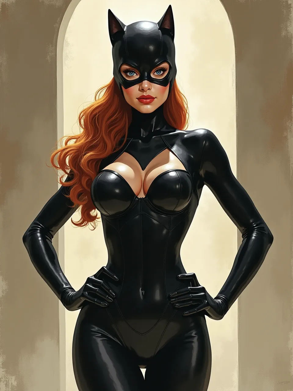 Dynamic Catwoman art, rendered in Pablo Carpio's digital painting style. Expert lighting emphasizes slick latex textures and vibrant hair, showcasing the artistic medium's rich detail.