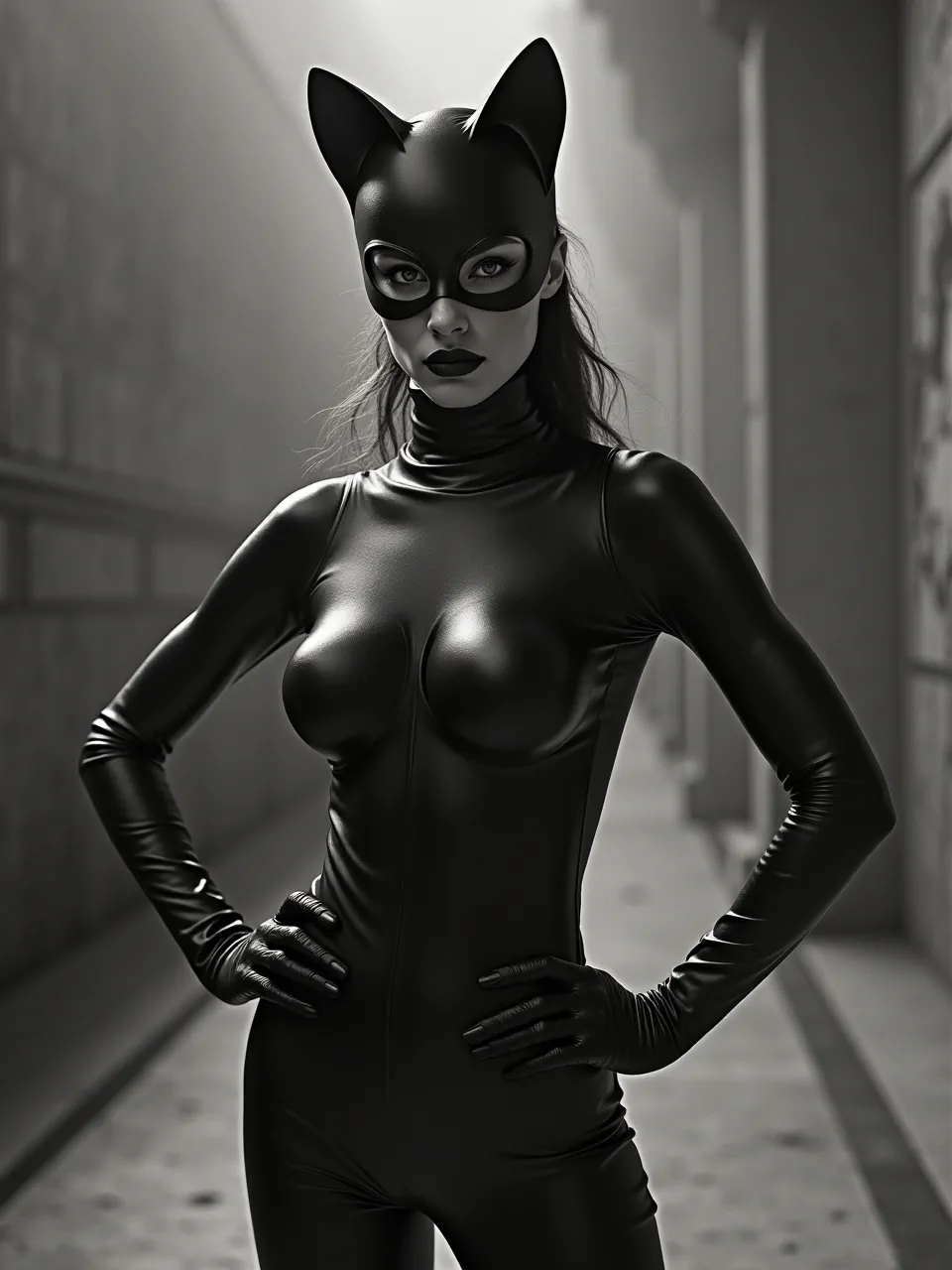 This striking Catwoman generation, inspired by Paolo Roversi, showcases ethereal black and white photography. Ethereal lighting accentuates sleek leather textures, crafting a mysterious, artistic digital medium.