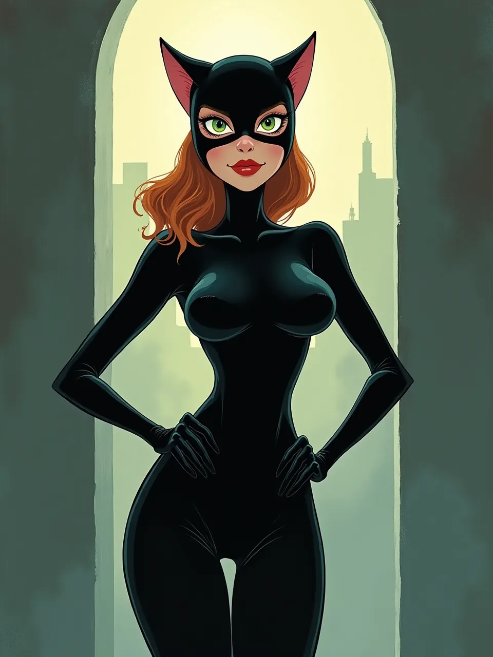 This Pascal Campion-inspired Catwoman digital illustration features vibrant backlighting, illuminating her sleek, glossy suit's textures. A clean artistic medium captures the iconic character captivatingly.