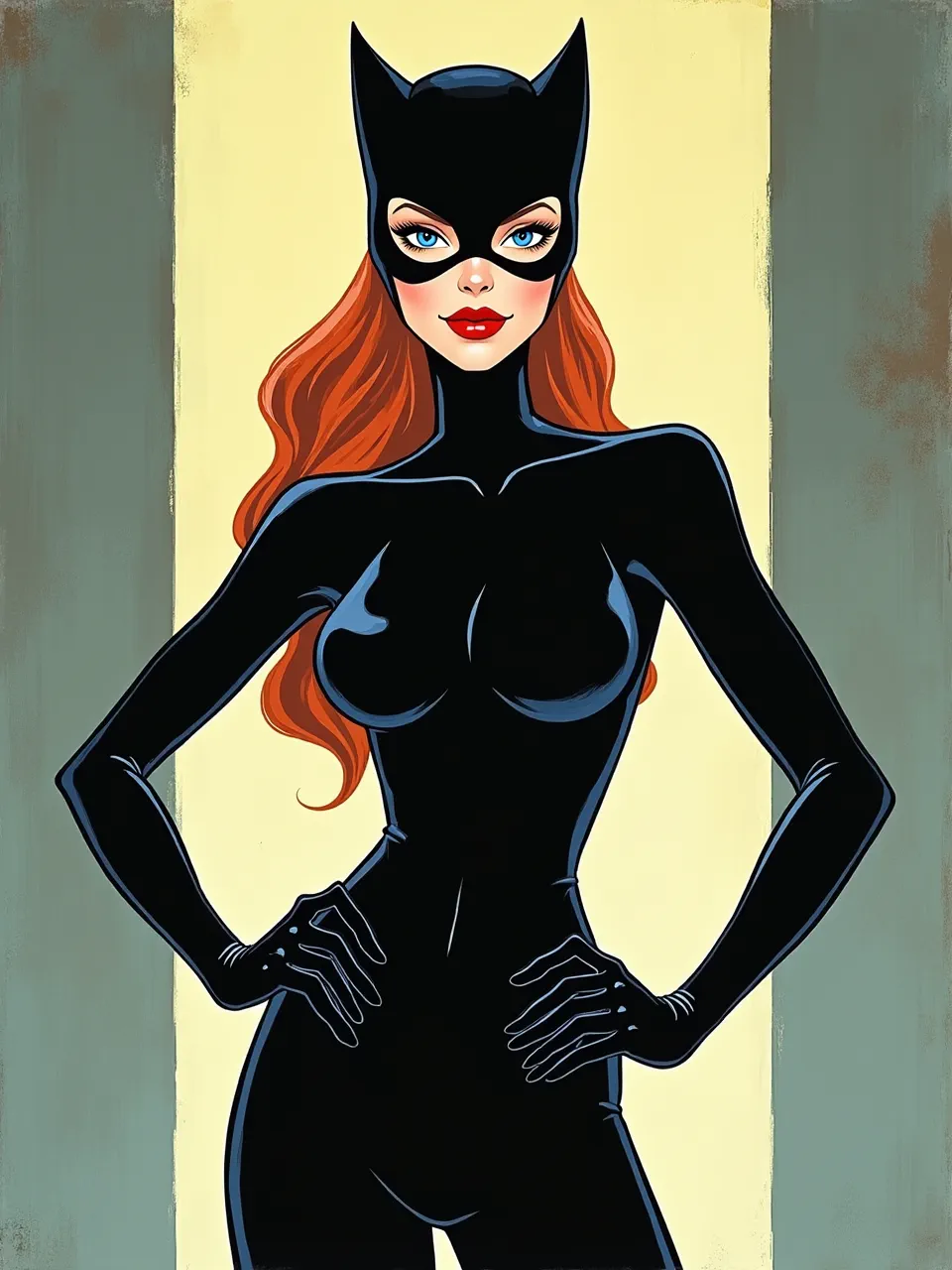 This Patrick Nagel-style Catwoman digital art, featuring dramatic lighting, highlights sleek, glossy textures. Bold outlines define this iconic, vibrant character, capturing a classic airbrush illustration aesthetic.