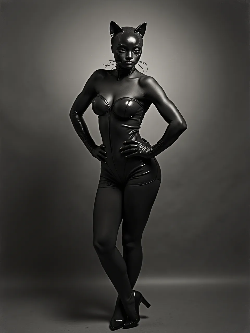 This striking Catwoman AI art, expertly rendered in Paul Barson's style, emphasizes dramatic studio lighting and glossy latex textures. This black and white digital photograph captures iconic elegance.
