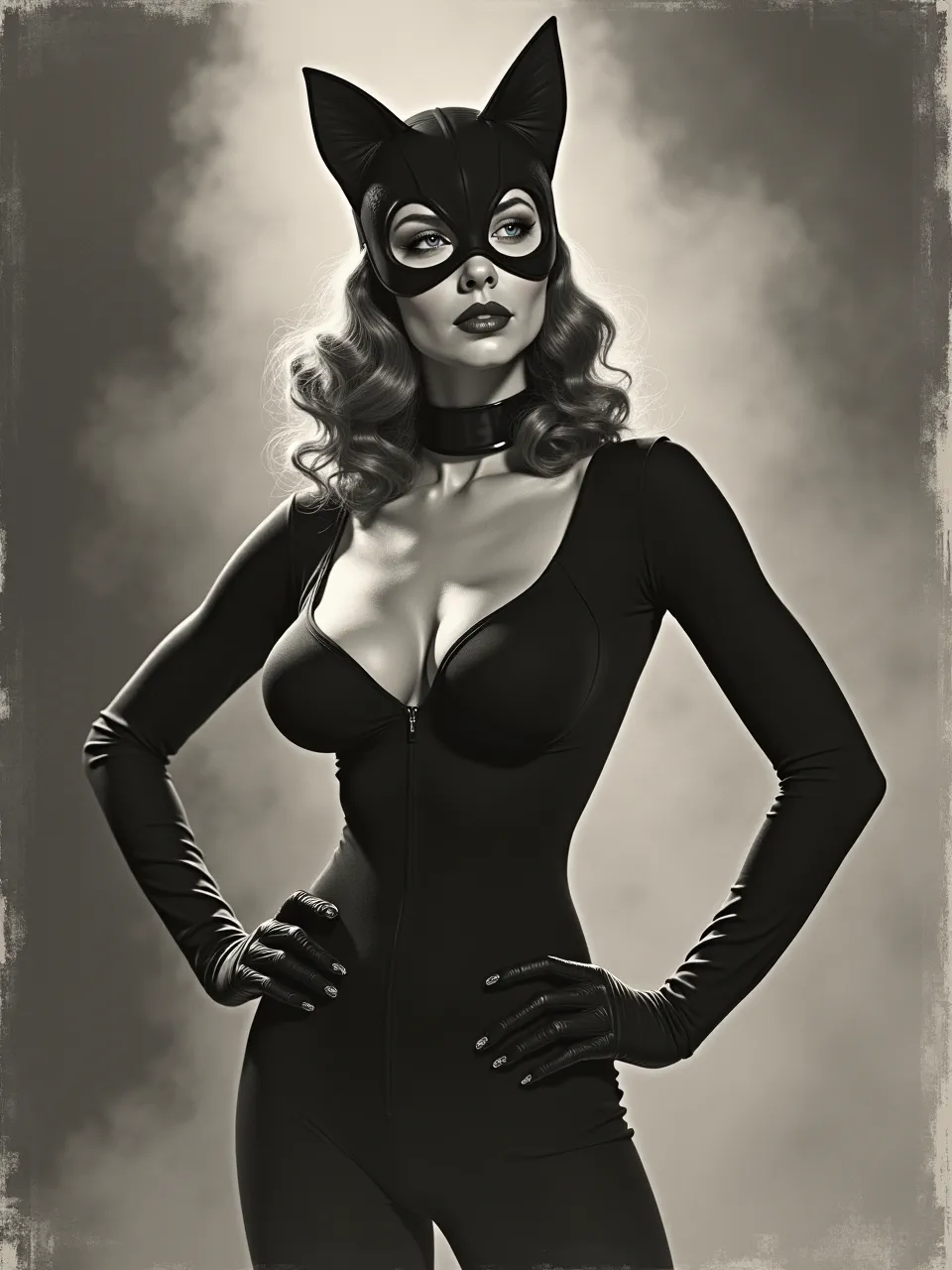 This captivating Paul Cadmus-style Catwoman generation features dramatic lighting, smooth, tactile textures, and a vintage monochrome drawing/tempera artistic medium, highlighting her classic allure.