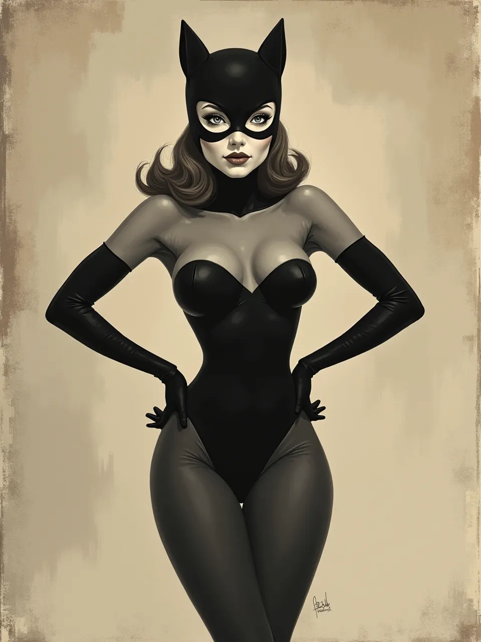 Paul Catherall's graphic linocut style defines this Catwoman digital art generation. It features crisp lighting, sleek costume textures, and a compelling vintage print medium.