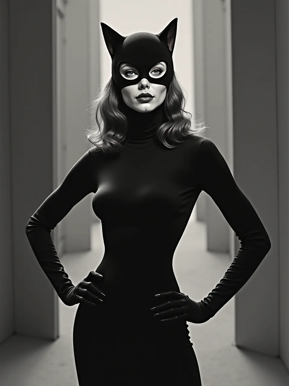 This stunning Catwoman digital illustration, infused with Paul Corfield's distinct style, features dramatic chiaroscuro lighting and sleek, refined textures in her iconic black costume, an atmospheric AI creation.
