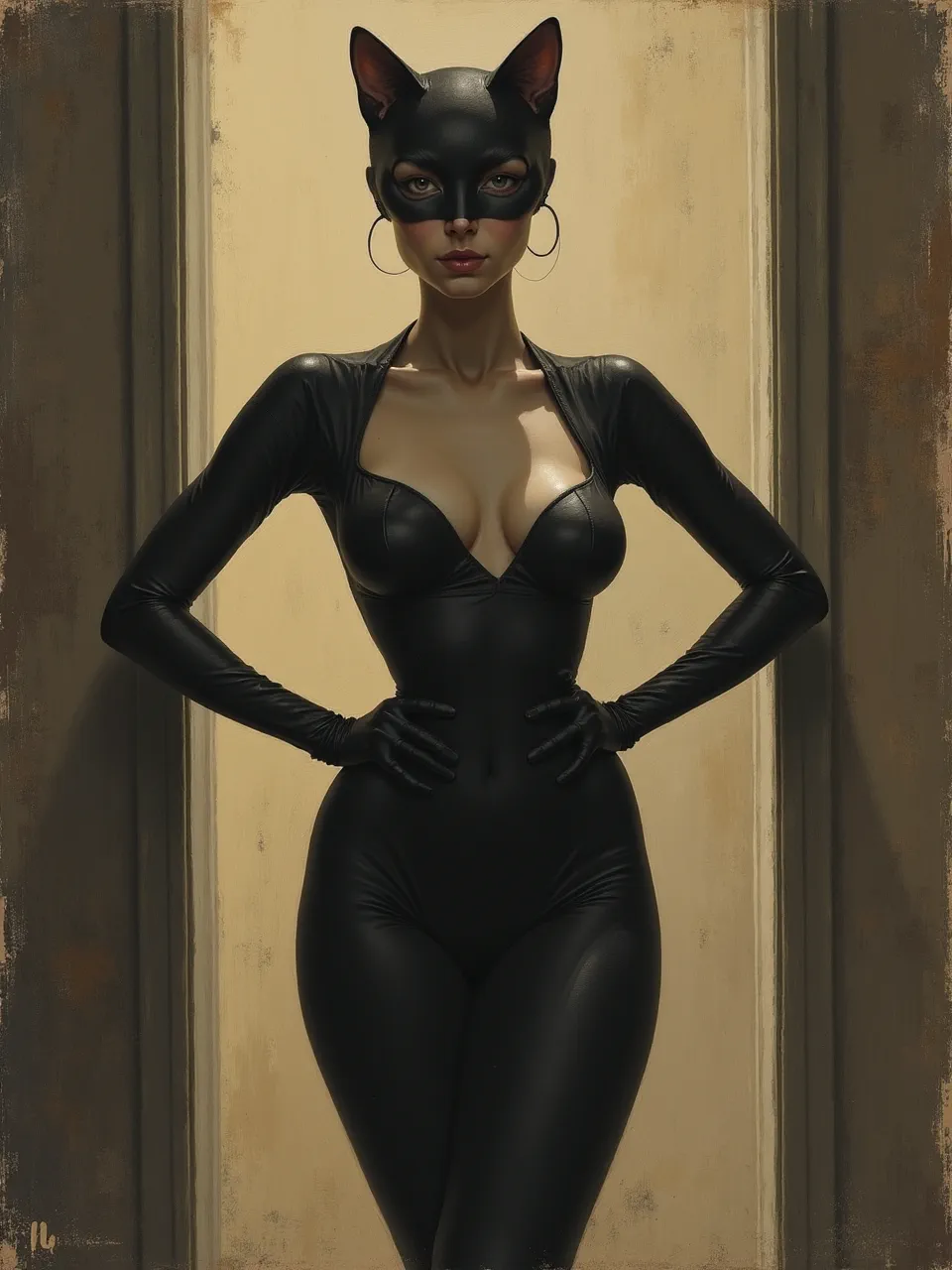 This captivating Paul Delvaux-style Catwoman painting features dramatic lighting and luxurious latex textures. Rendered in a traditional oil medium, it embodies enigmatic allure.