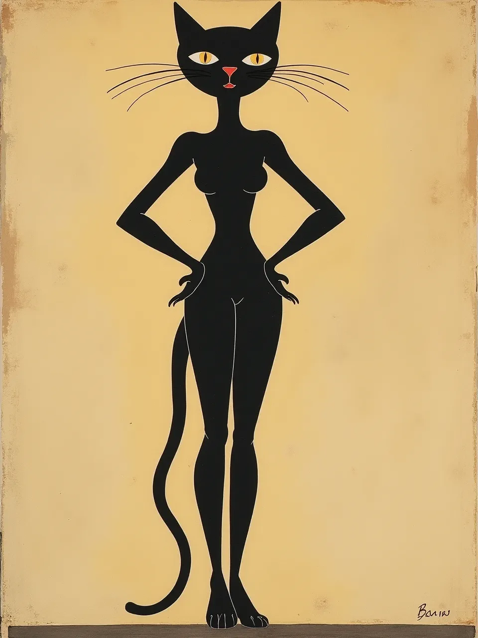 Flux AI's Catwoman, a Paul Klee-inspired masterpiece. Flat, minimalist lighting accentuates smooth black textures on aged paper, an artistic medium blending graphic abstraction beautifully.