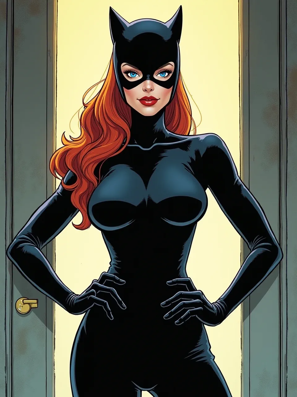 This Paul Pope-styled Catwoman shines in vibrant digital comic art. Dramatic backlighting illuminates sleek suit textures, showcasing exceptional lighting and the powerful artistic medium.