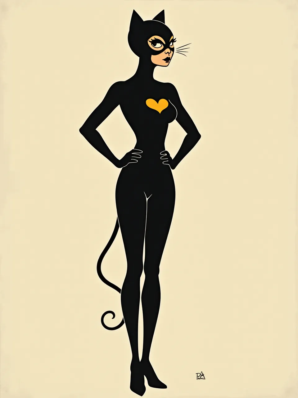 Paul Rand's graphic Catwoman employs flat, untextured digital illustration. Stark, uniform lighting accentuates bold, iconic shapes, achieving a minimalist, striking poster aesthetic.