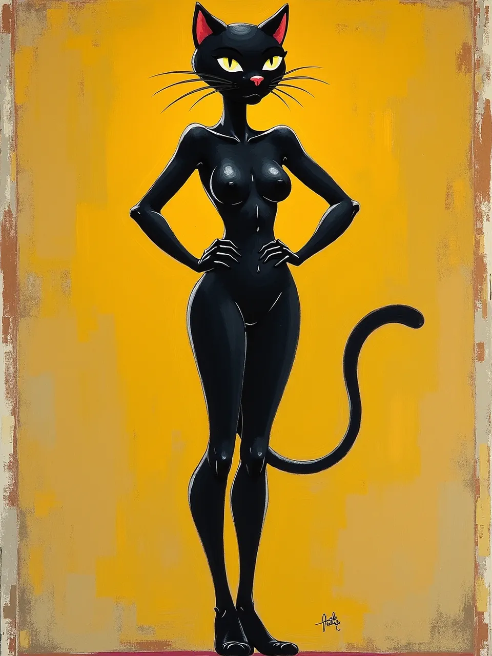 This vibrant Flux AI Catwoman, stylized in Paul Signac's painterly vision. Bold lighting illuminates sleek, fluid textures against a brushed canvas, creating a captivating digital artwork.