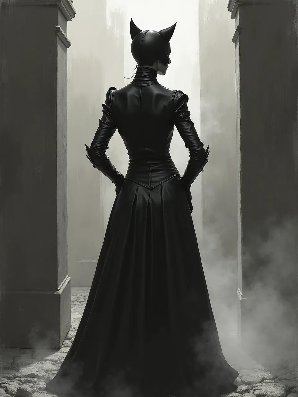 This striking Flux AI generation features Catwoman in the dramatic, moody style of Peder Balke. Powerful backlighting illuminates a silhouette, highlighting rich leather and rugged stone textures with an oil.