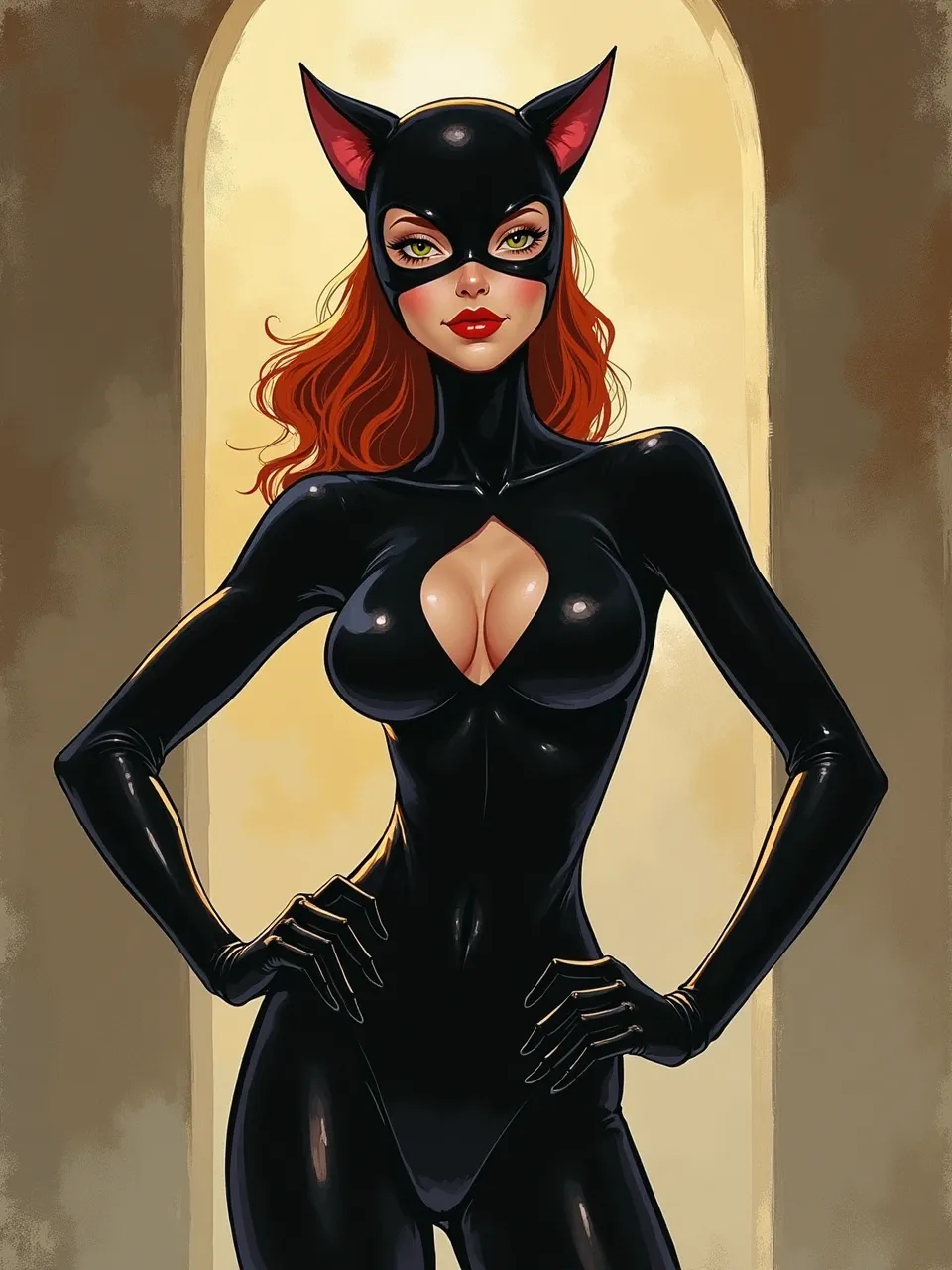 This stunning Peter de Seve Catwoman digital illustration features dramatic lighting emphasizing slick latex textures. A vibrant, captivating artistic medium highlights every detail with clarity.