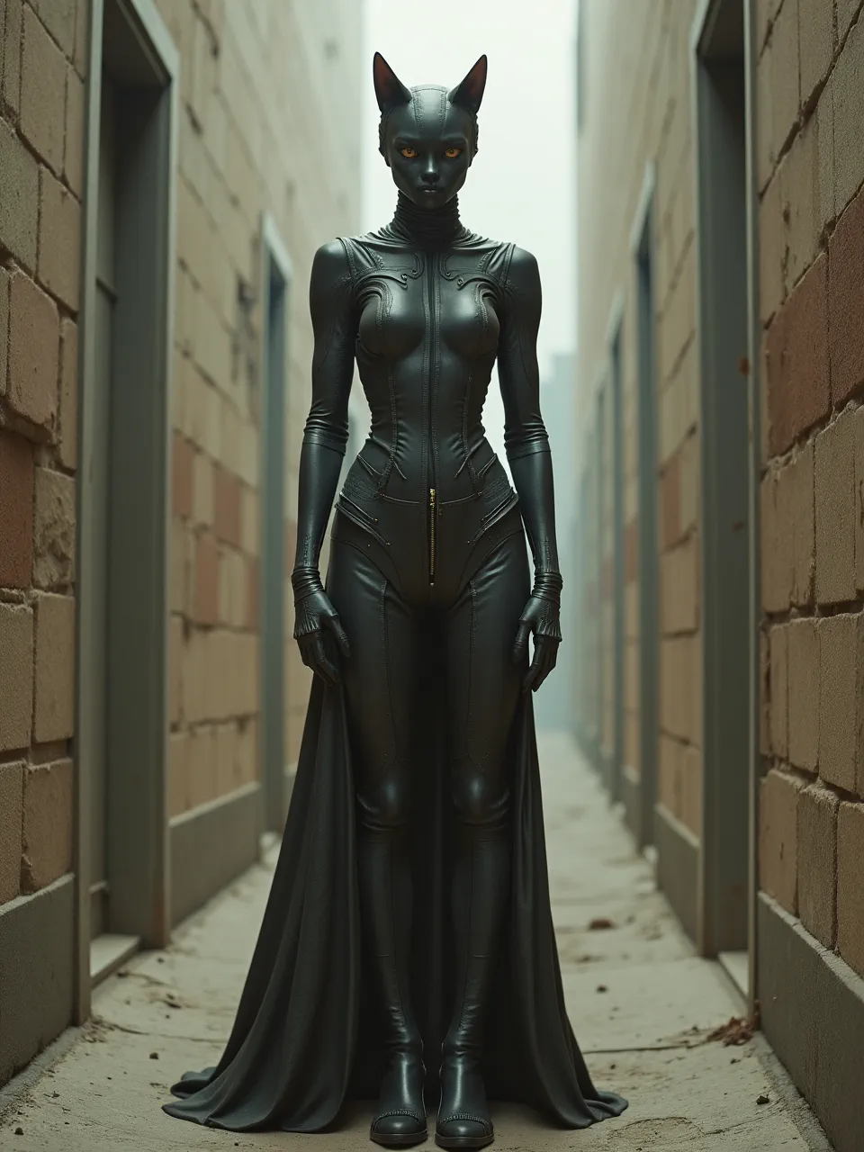 This Flux AI digital generation showcases a Peter Gric-style Catwoman. Dramatic lighting emphasizes sleek, intricate leather textures, creating a surreal aesthetic, exemplifying the unique artistic medium.