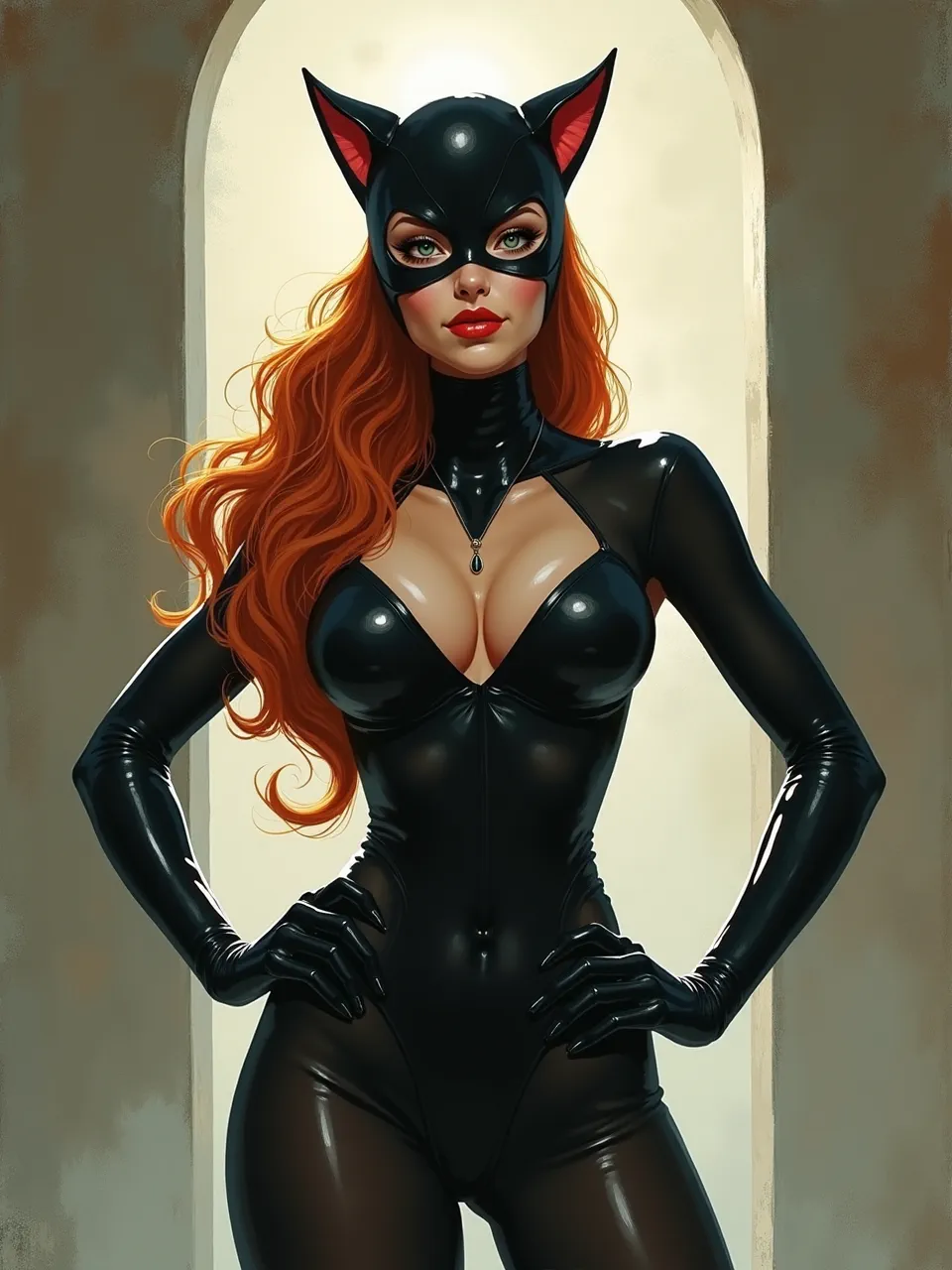 This Flux AI generated image presents a mesmerizing Catwoman artwork in Peter Mohrbacher style. Featuring dramatic lighting, stunning glossy latex textures, and a masterfully rendered digital painting aesthetic.