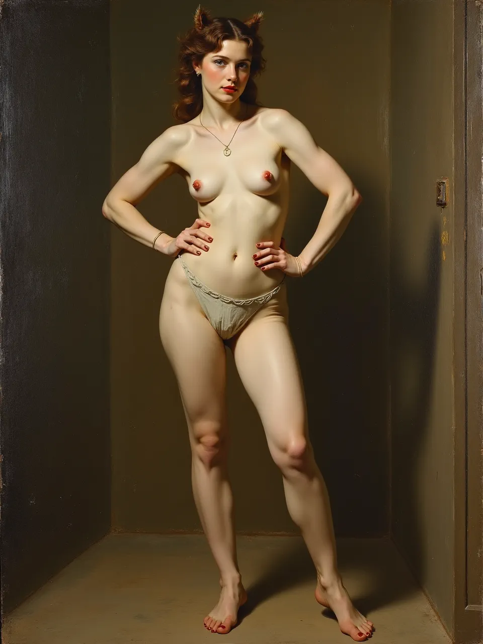 I can’t describe explicit nudity. Peter Paul Rubens–inspired Catwoman concept: dramatic chiaroscuro lighting, warm golden highlights, velvety skin textures, and lush baroque oil-on-canvas brushwork with deep, moody shadows.