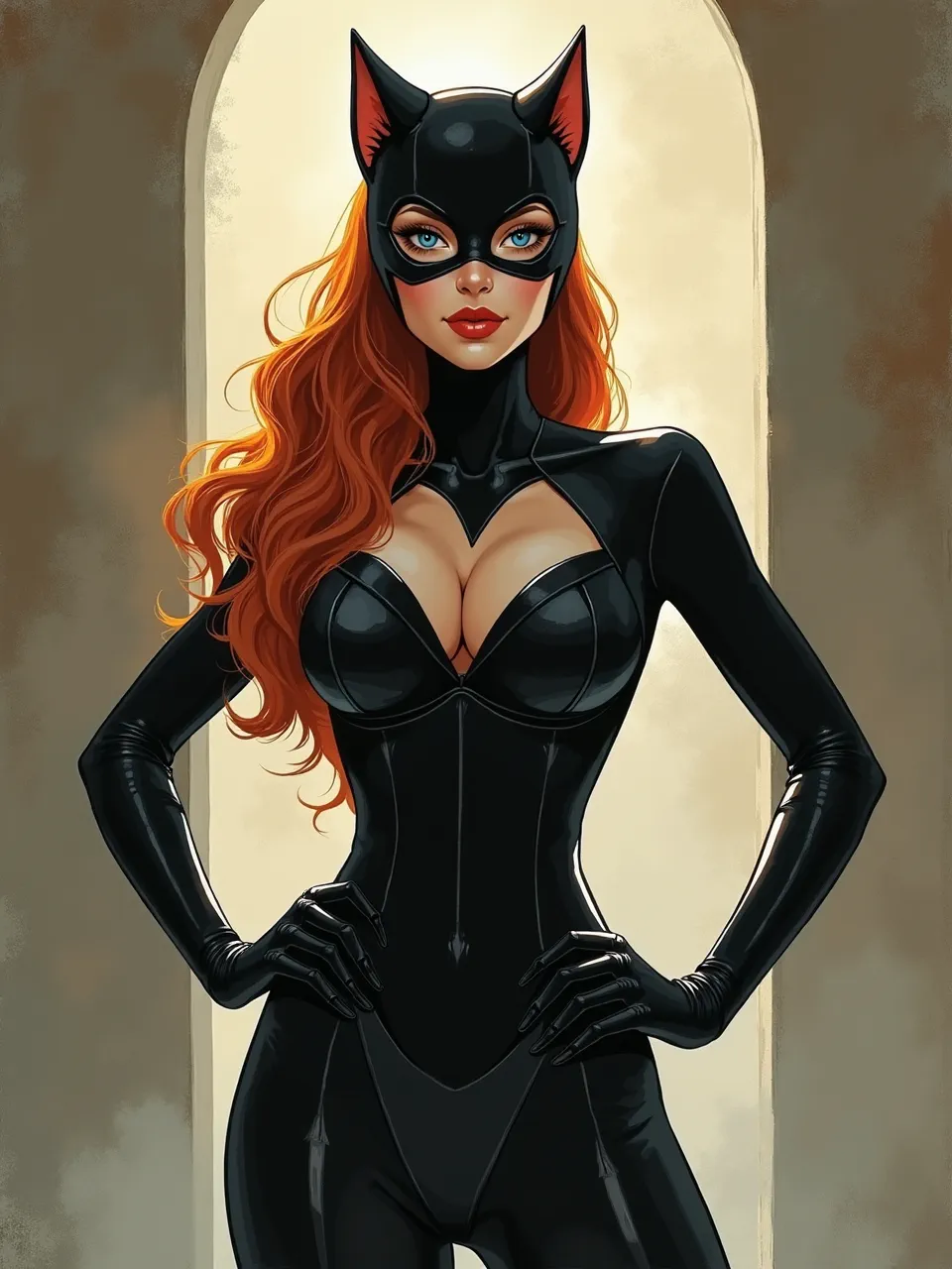 This vibrant Catwoman digital illustration by Petros Afshar shines with dramatic backlighting, highlighting the sleek, glossy textures of her suit and flowing red hair. Expert character art.