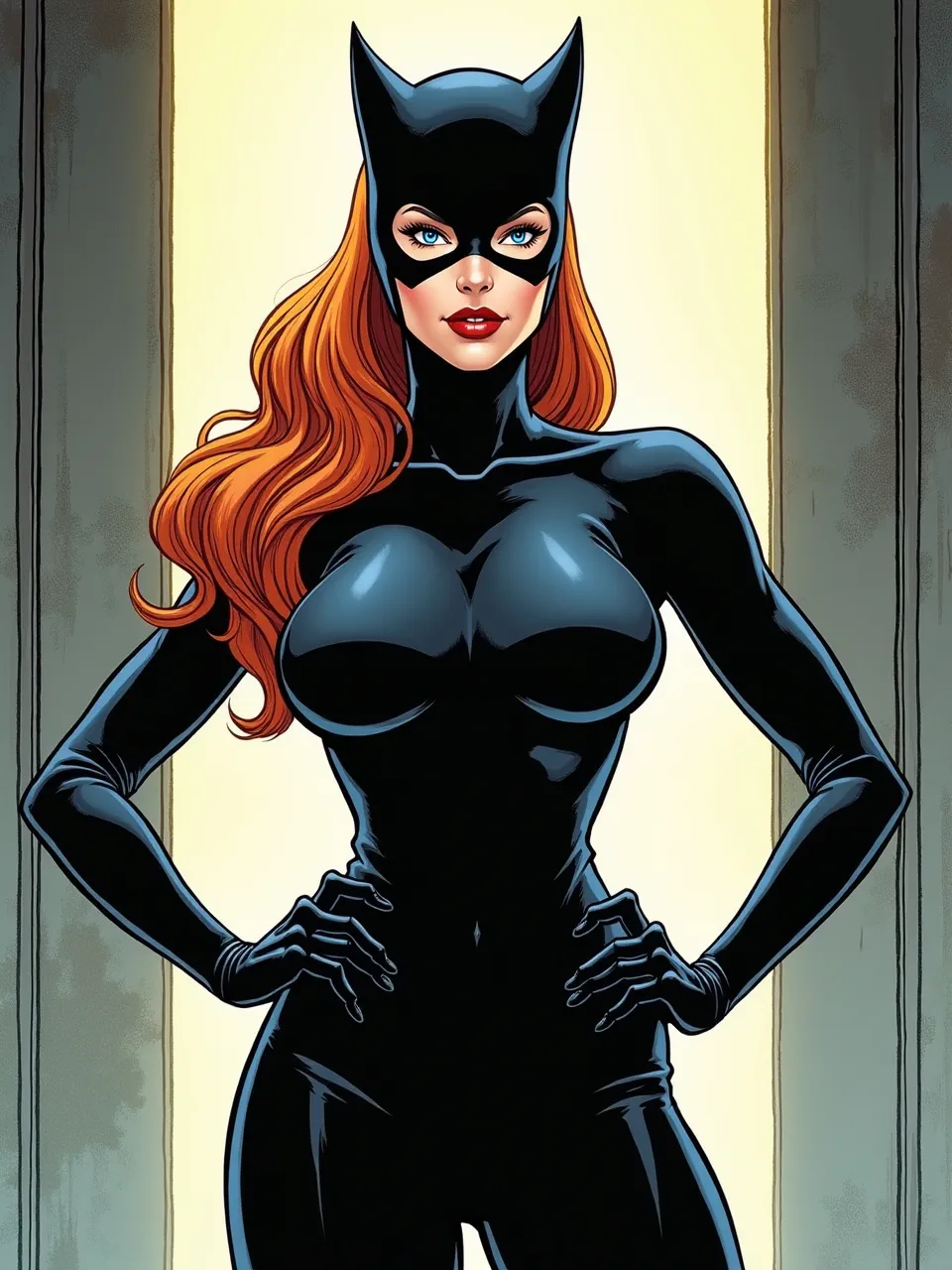 This Phil Jimenez-inspired Catwoman boasts vibrant digital comic art. Bold, dramatic lighting highlights her sleek, glossy suit and flowing red hair, emphasizing dynamic textures.