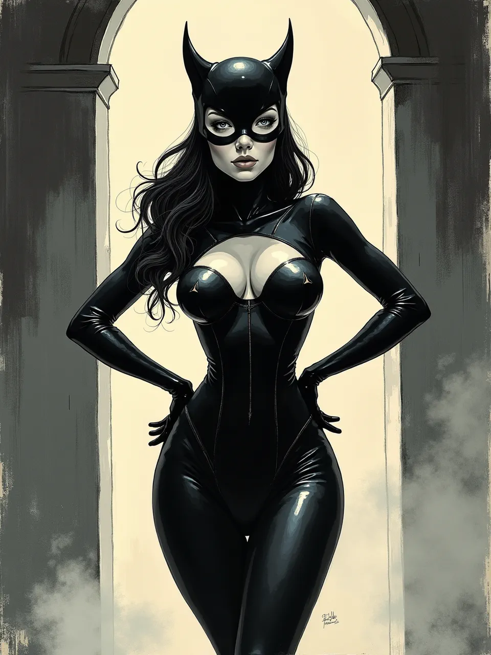This Philippe Druillet-inspired Catwoman digital art masterfully uses stark, high-contrast lighting to accentuate glossy latex textures. A painterly backdrop defines this graphic novel illustration's striking artistic medium.