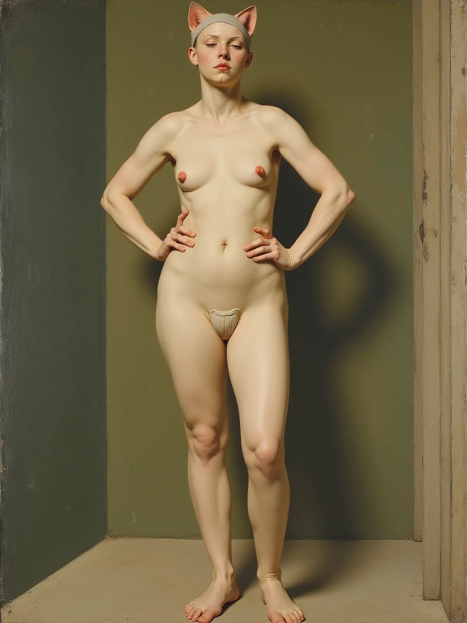 Piero della Francesca's lighting sculpts Catwoman's luminous form. AI-generated, this oil painting exquisitely renders smooth textures, blending classical volumetric art with iconic character.