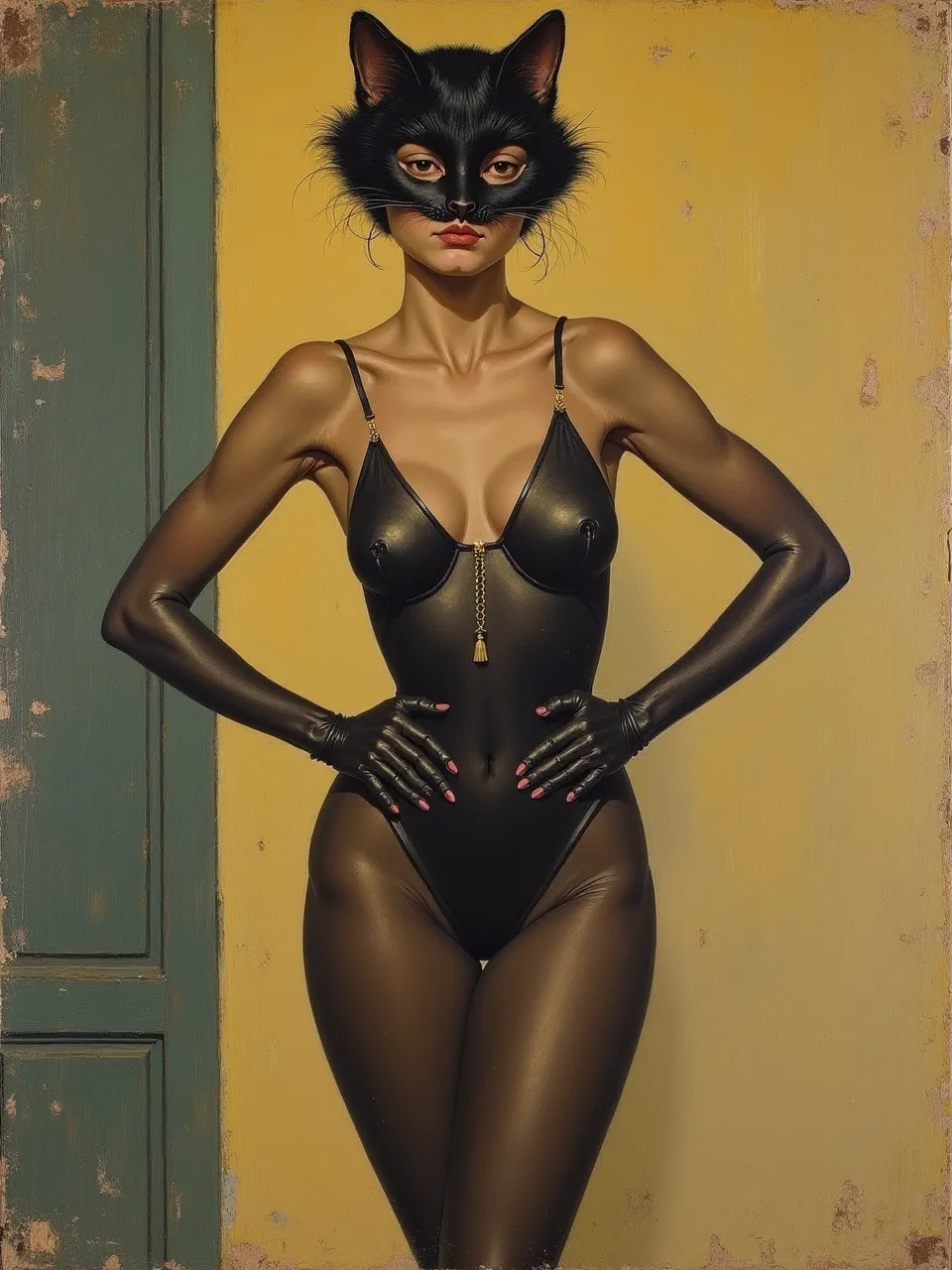 Experience this captivating Pierre Bonnard-style Catwoman, featuring luscious oil painting textures, glossy suit details, and exquisite diffused lighting. A stunning AI art piece.