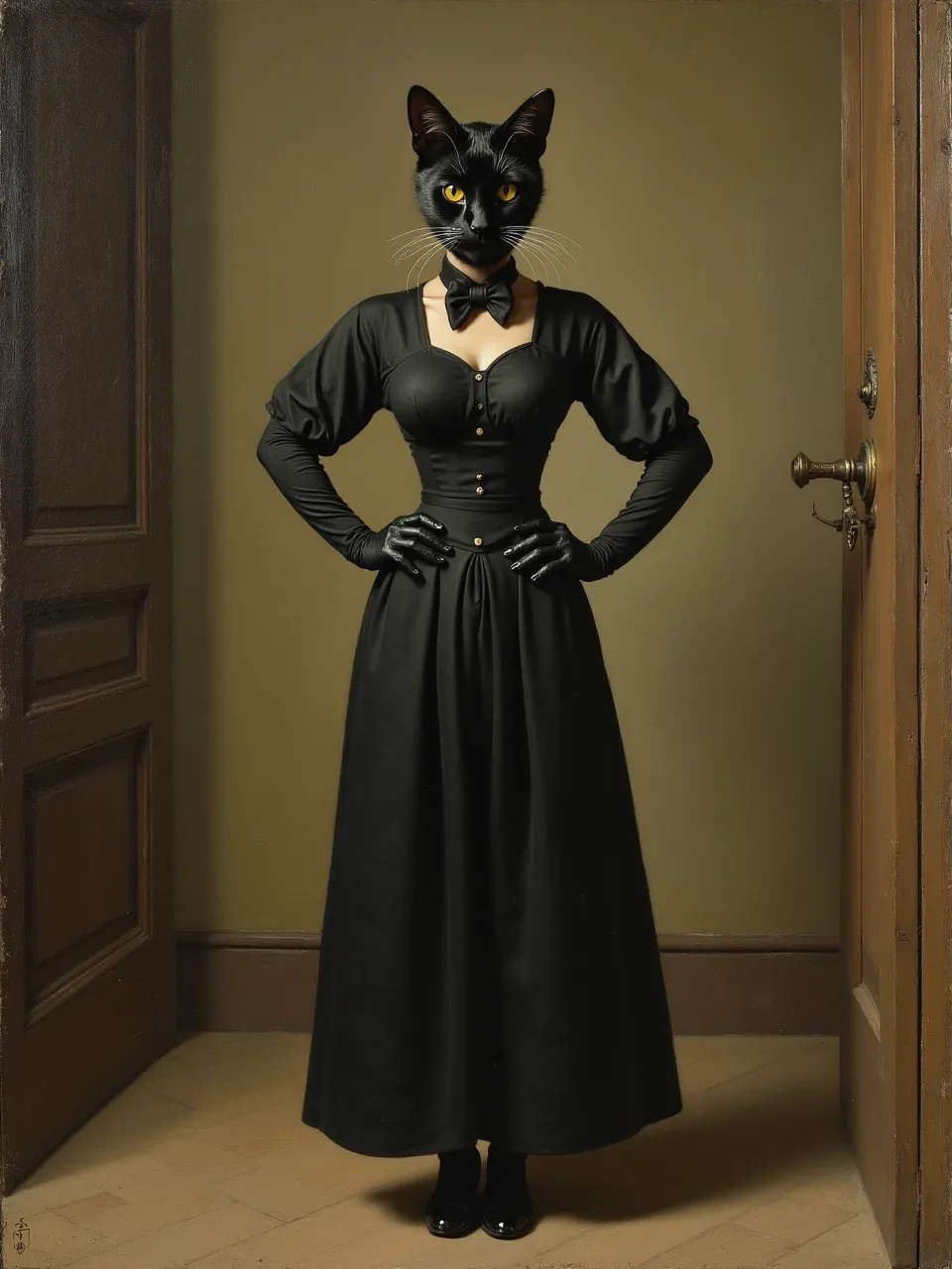This Catwoman portrait, inspired by Pieter de Hooch, showcases masterful lighting, rich fabric textures, and classical realism via oil painting on canvas, blending Dutch Golden Age artistry with modern iconography.