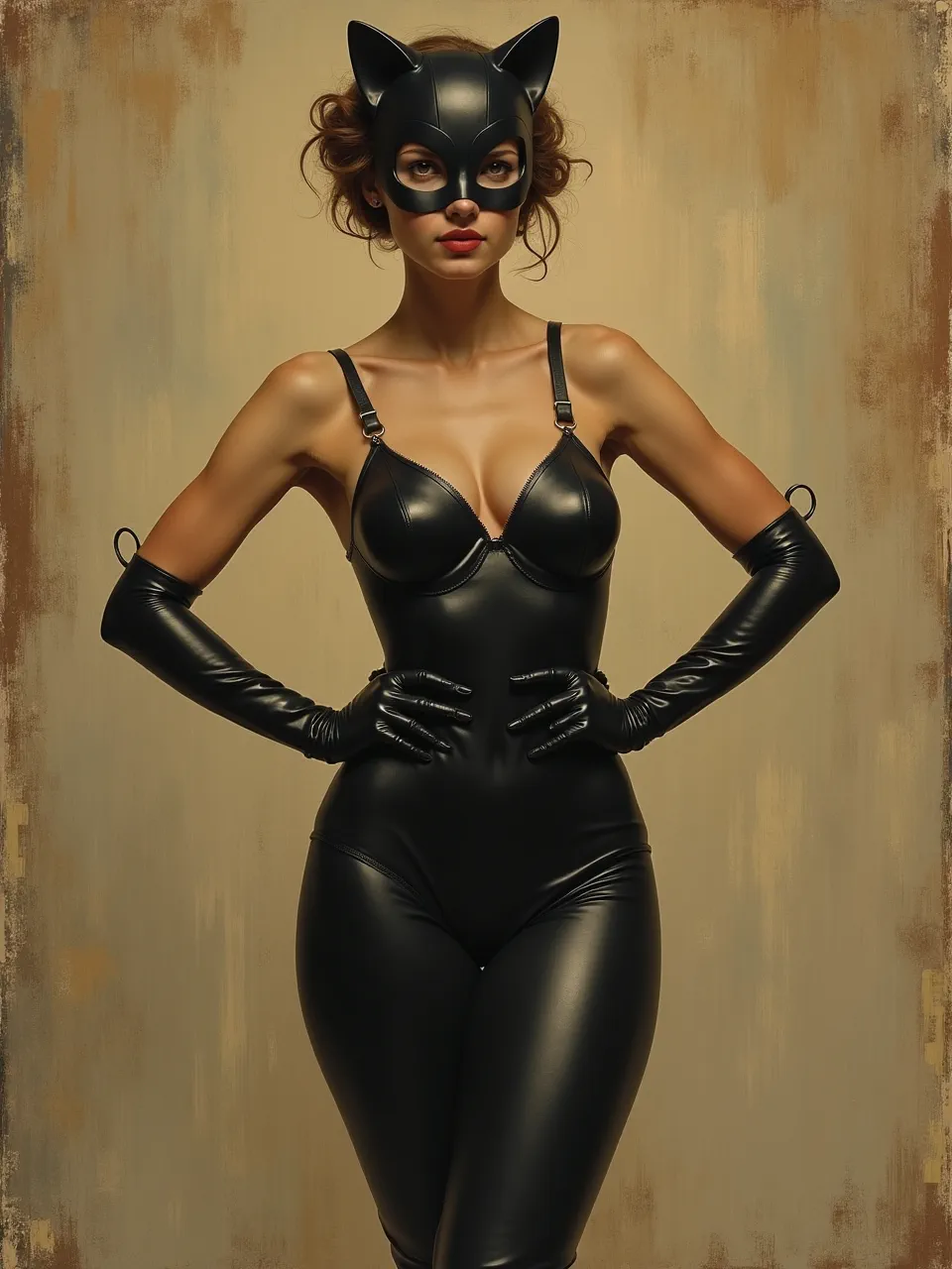 This stunning Flux AI generation presents Catwoman in Pietro Annigoni's distinctive style, featuring dramatic chiaroscuro lighting accentuating sleek leather textures. This masterfully rendered artwork embodies classic tempera painting artistry.