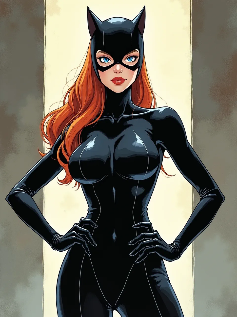 This dynamic Q Hayashida-style Catwoman digital artwork expertly uses sharp lighting to define sleek, glossy textures. Bold lines create an iconic, captivating comic book aesthetic.
