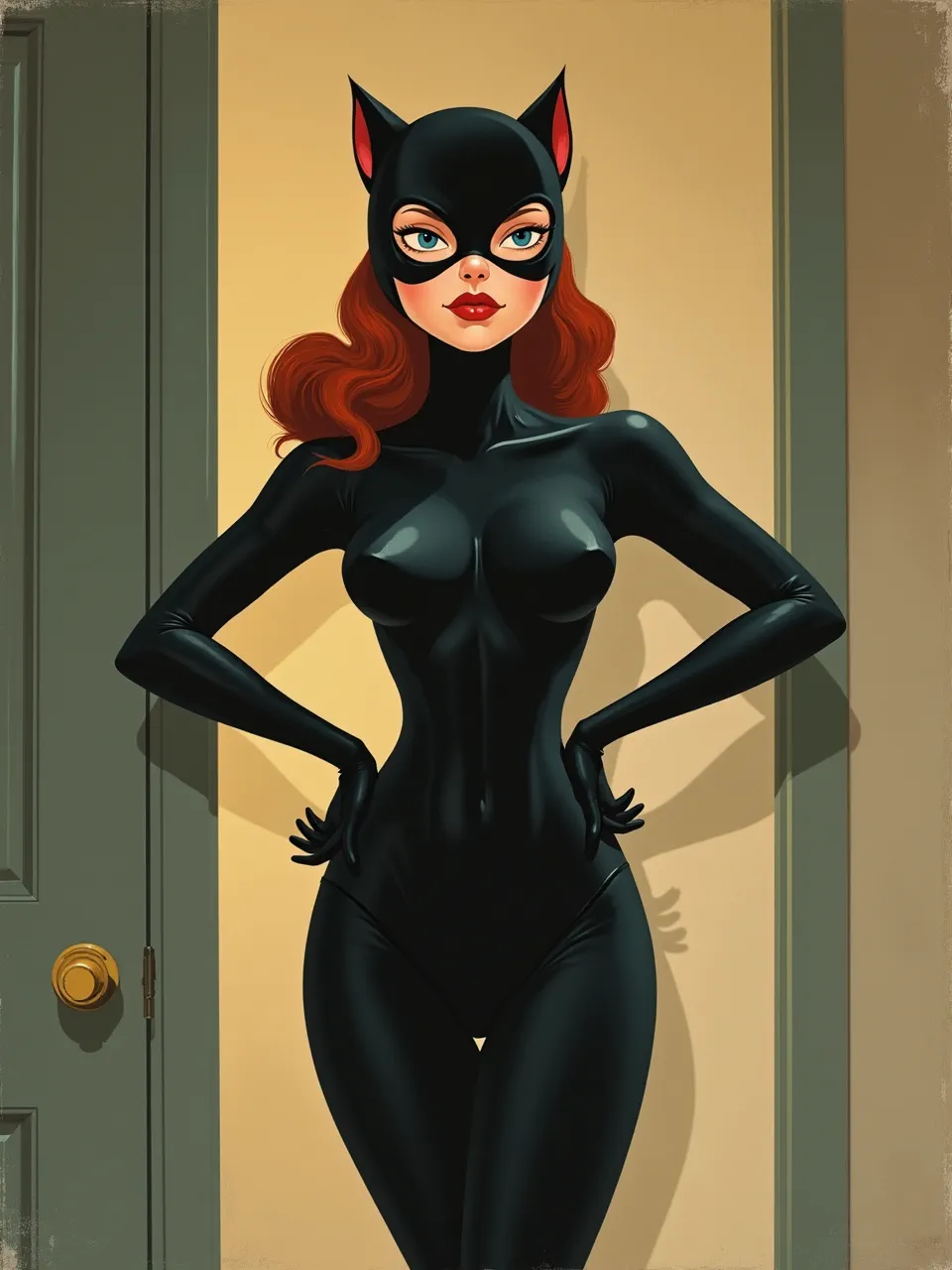 This Catwoman digital painting in R. Kenton Nelson's style captivates with dramatic warm lighting, sleek glossy textures, and a polished retro illustration aesthetic.